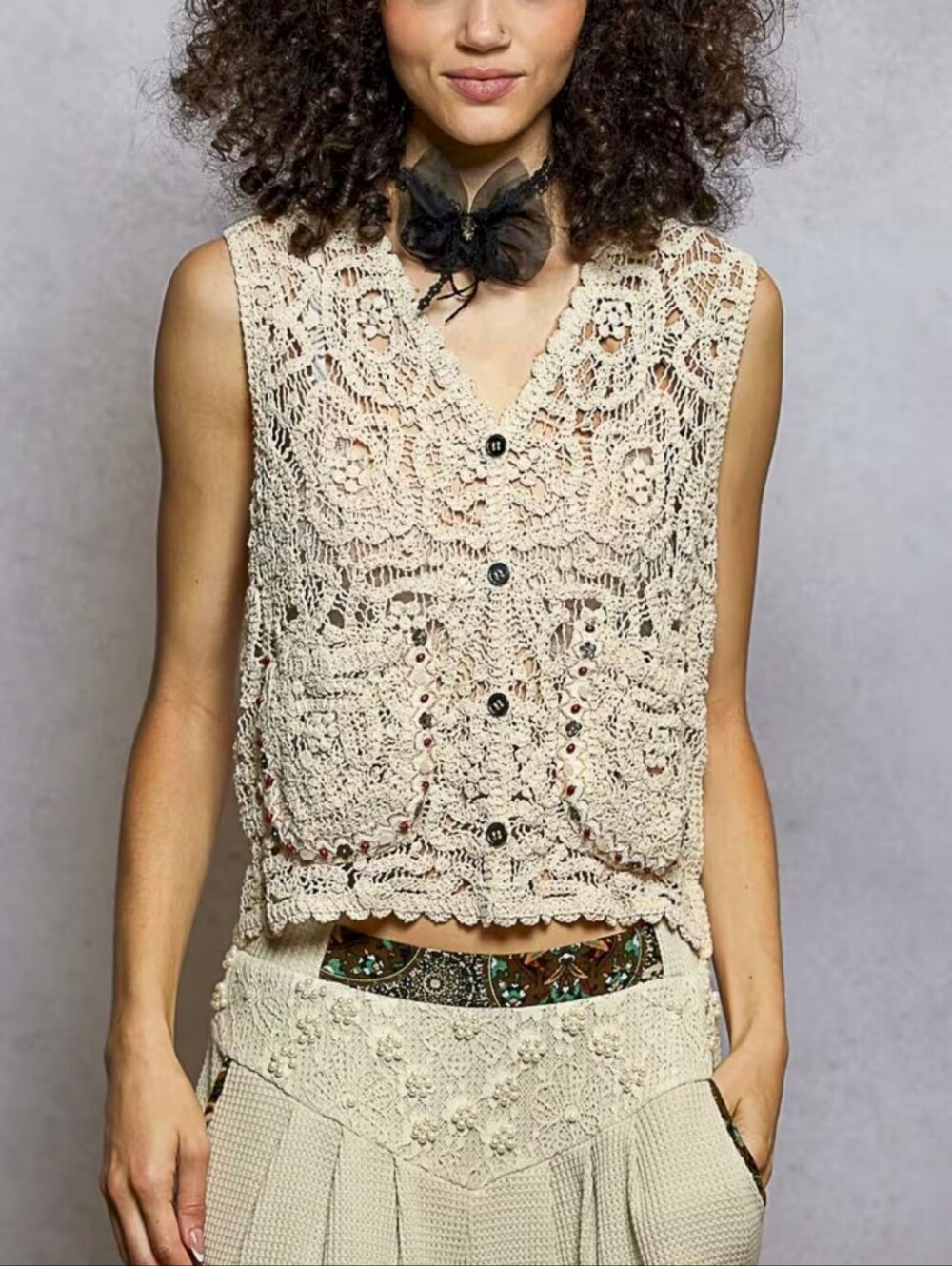 313.POL Boho Cotton Crochet Button-Front Tank Top - Cream